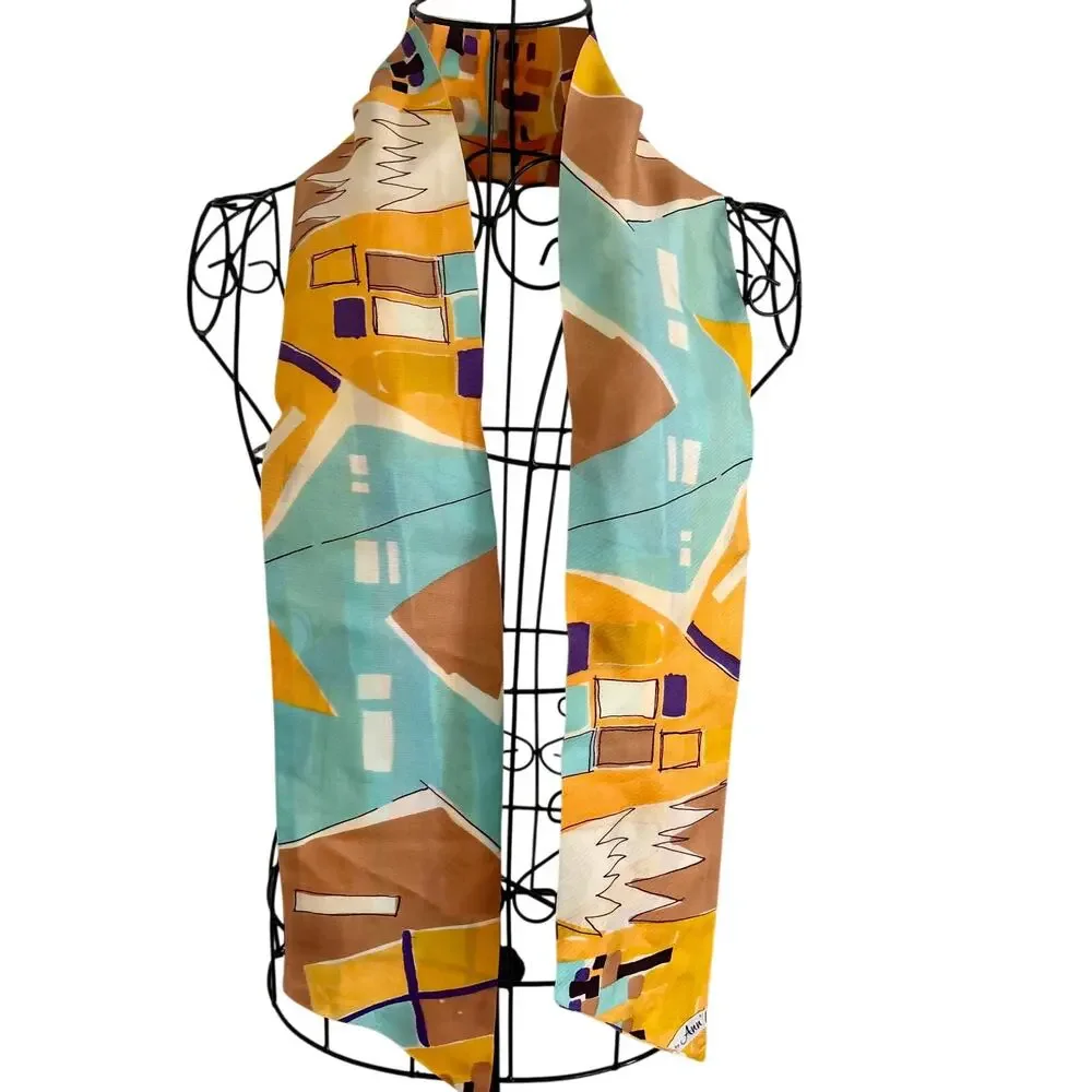 Vintage 60's By Ann Iconic Silk Double Layered Hippie Geo Long Scarf 5 x 54